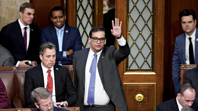 Representative-elect George Santos, a Republican from New York, center, votes for Representative Kevin McCarthy, a Republican from California, during a meeting of the 118th Congress in the House Chamber at the US Capitol in Washington, DC, US, on Wednesda 