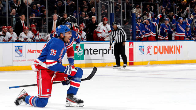 K'Andre Miller #79 of the New York Rangers reacts after scoring a goal in the third period against the Carolina Hurricanes at Madison Square Garden on January 3, 2023 in New York City. 