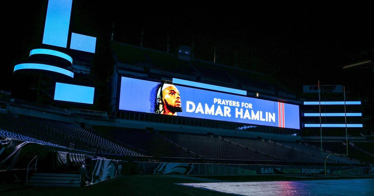 M&T Bank Stadium lights are red, white, and blue to honor Bills player  Damar Hamlin