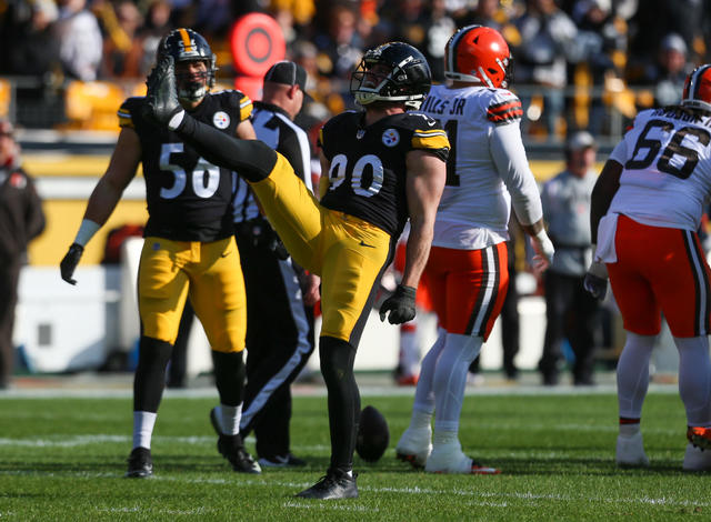 The Cleveland Browns celebrate a sack against the Cincinnati