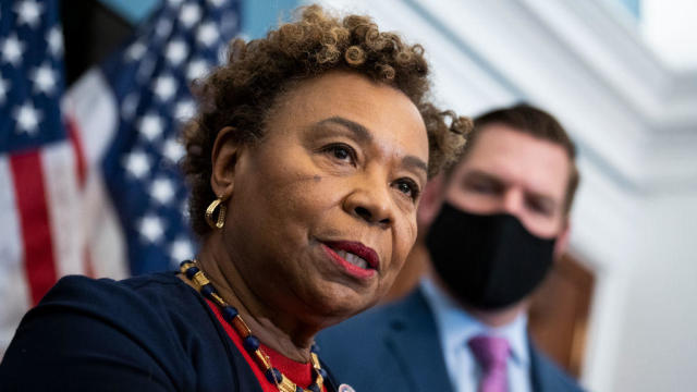 Rep. Barbara Lee at a news conference in the Capitol on Wednesday, Feb. 23, 2022. 