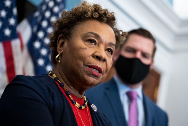 Rep. Barbara Lee at a news conference in the Capitol on Wednesday, Feb. 23, 2022. 