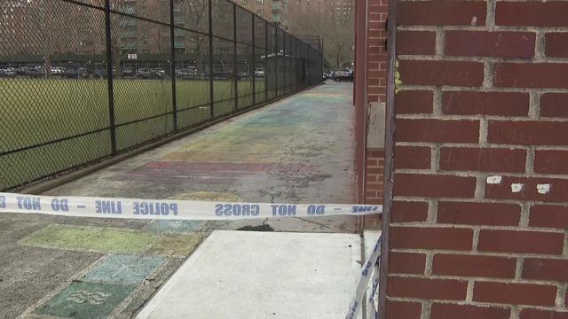 Police tape blocks off an alleyway next to a field. 