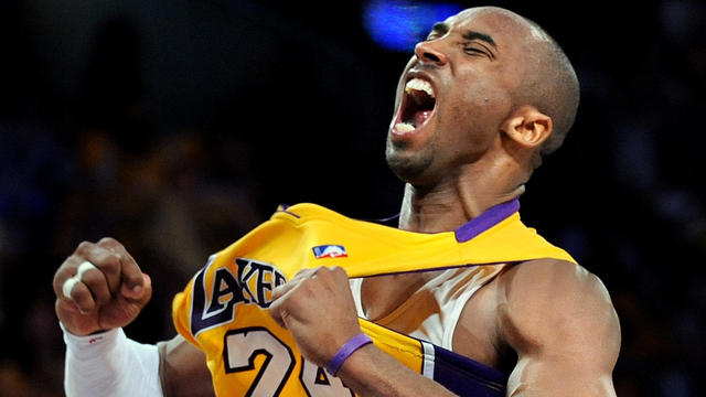 Lakers Kobe Bryant celebrates his three–pointer against the Nuggets in Game 2 of the NBA Playoffs a 