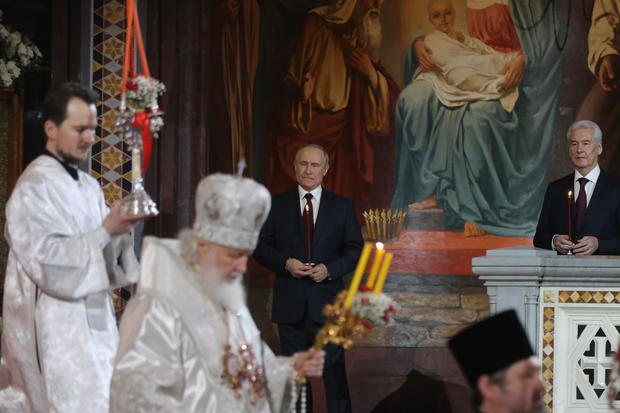 Russian President Vladimir Putin attends Orthodox Easter mass led by Russian Orthodox Patriarch Kirill at the Christ The Saviour Cathedral on April 24, 2022, in Moscow. 