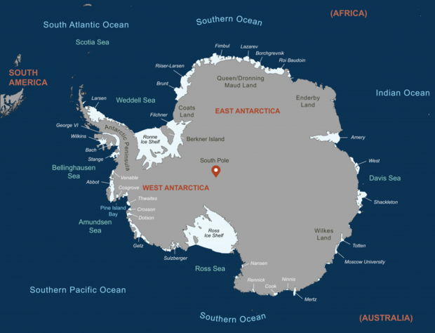 This map of Antarctica shows the location of various Antarctic ice shelves