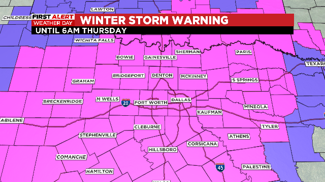 Winter Storm Warning remains in effect for North Texas through Thursday morning 