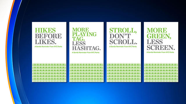 Posters for the NYC Parks Department reading "Hikes before likes," "More playing tag, less hashtag," "Stroll, don't scroll" and "More green, less screen." 