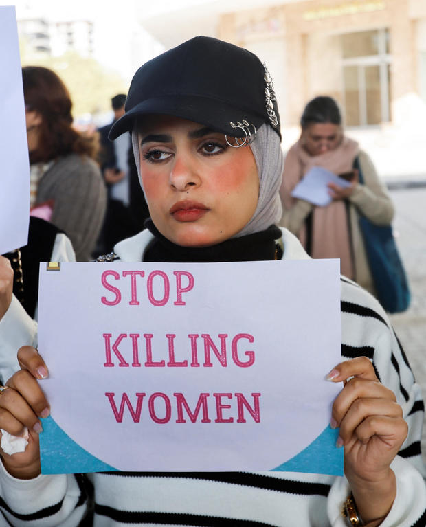 Iraqi female activists protest after the death of Tiba al-Ali, a 22-year-old Iraqi blogger, killed by her father, in Baghdad 