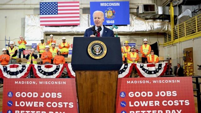 President Biden speaks about his economic plan at a training center in DeForest, Wisconsin, on Feb. 8, 2023. 