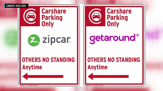 Signs indicating "Carshare Parking Only" for Zipcar and Getaround. 