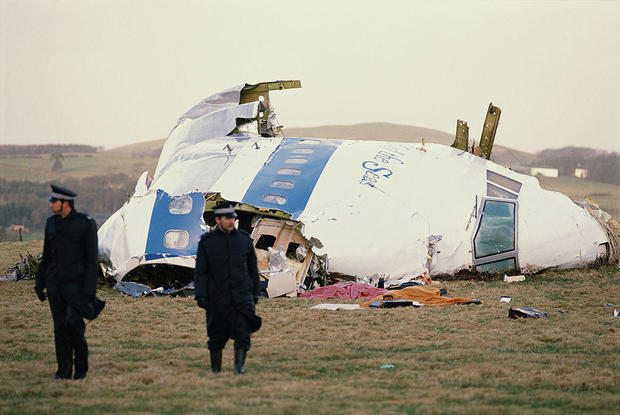 Some of the wreckage of Pan Am Flight 103 after it crashed onto the town of Lockerbie in Scotland, on Dec. 21, 1988. 