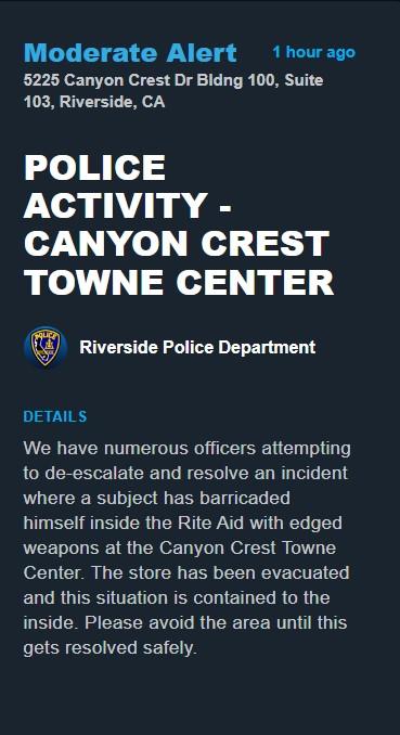 Riverside Rite Aid evacuated due to an armed man displaying erratic