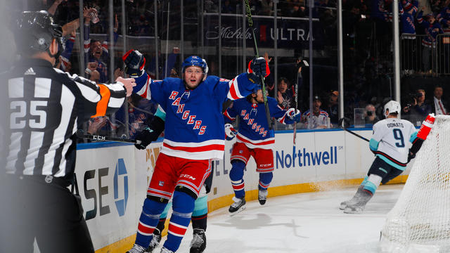 Vladimir Tarasenko #91 of the New York Rangers celebrates after scoring his first goal as a Ranger in the first period against the Seattle Kraken at Madison Square Garden on February 10, 2023 in New York City. 