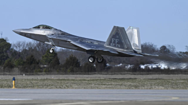 This photo provided by the U.S. Air Force shows a U.S. Air Force pilot taking off in an F-22 Raptor at Joint Base Langley-Eustis, Virginia, on Saturday, Feb. 4, 2023. 