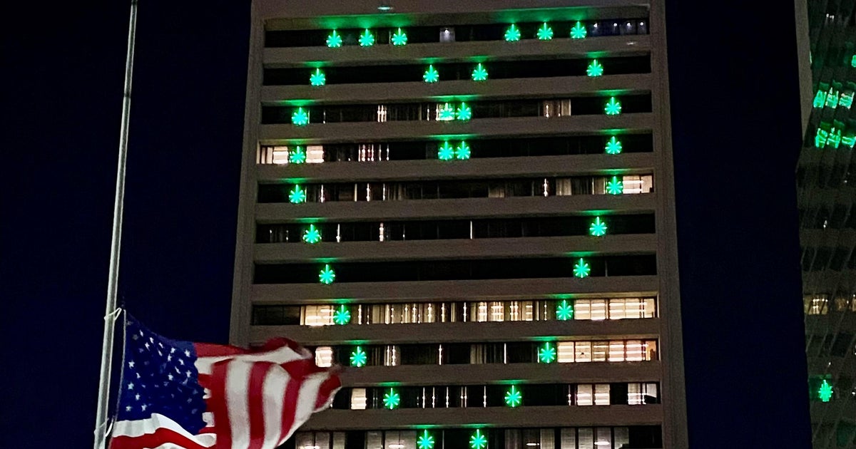 Blue Cross Blue Shield of Michigan buildings lit green in support of