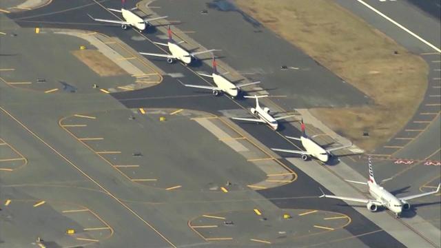 An aerial shot of airplanes at MacArthur Airport on Long Island. 