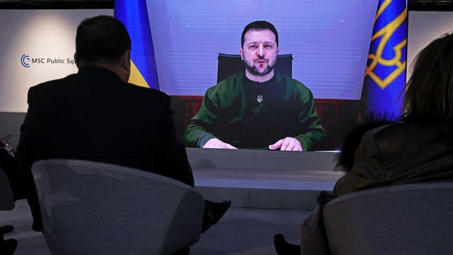 Ukrainian President Volodymyr Zelenskyy speaks via video link to the Munich Security Conference on Feb. 17, 2023, in Munich, Germany. 