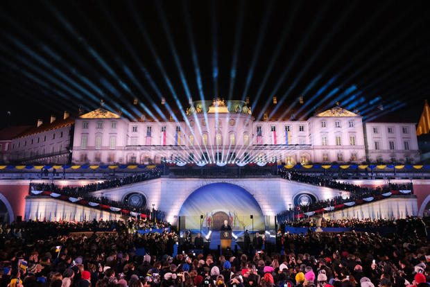 President Biden delivers a speech in front of the Royal Palace in Warsaw, Poland, on Feb. 21, 2023. 