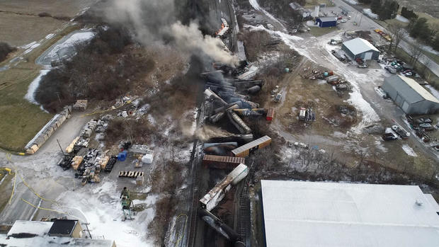 FILE PHOTO: A drone footage shows the freight train derailment in East Palestine, Ohio 