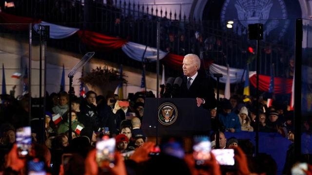 President Biden delivers a speech in front of the Royal Castle in Warsaw, Poland, on Feb. 21, 2023. 