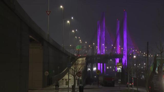 The Kosciuszko Bridge lit in purple. 
