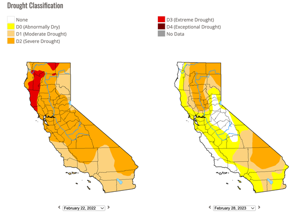 California's drought map in Feb. 2022 and in Feb. 2023 