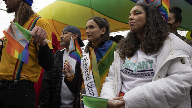 Members of the Staten Island Irish-American LGBTQ community hold a press conference before the start of the annual St Patricks Day Parade to protest their continued exclusion from the event on March 6, 2022 in Staten Island, New York. 