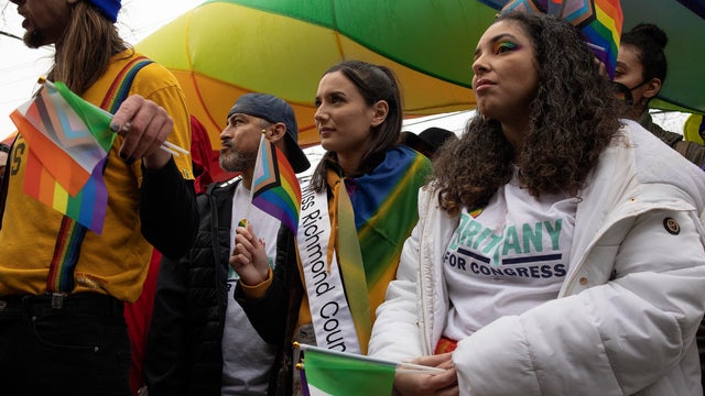 Members of the Staten Island Irish-American LGBTQ community hold a press conference before the start of the annual St Patricks Day Parade to protest their continued exclusion from the event on March 6, 2022 in Staten Island, New York. 