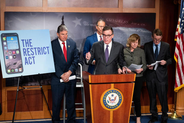 Sen. Mark Warner speaks during the news conference to introduce the RESTRICT Act in the Capitol on Tuesday, March 7, 2023. 