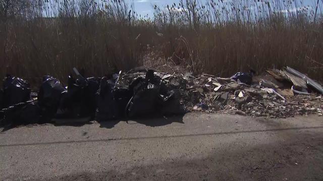 Sheetrock, building materials and other trash left in the Mastic Beach wetlands. 