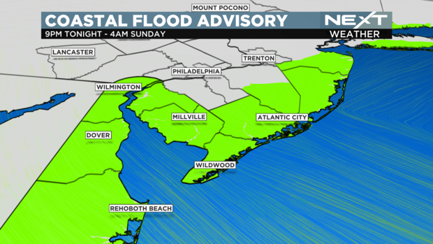 A map of Delaware and New Jersey showing a coastal flood advisory in place from 9 p.m. Saturday night into 4 a.m. Sunday. The advisory is in place for coastal regions in Delaware and New Jersey including Sussex, Kent and New Castle counties in Delaware as 