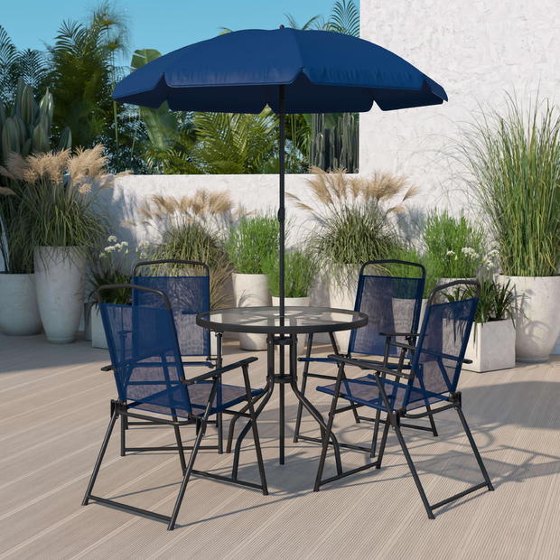 Emma + Oliver 6 piece navy blue patio garden set with parasol table and set of 4 folding chairs 