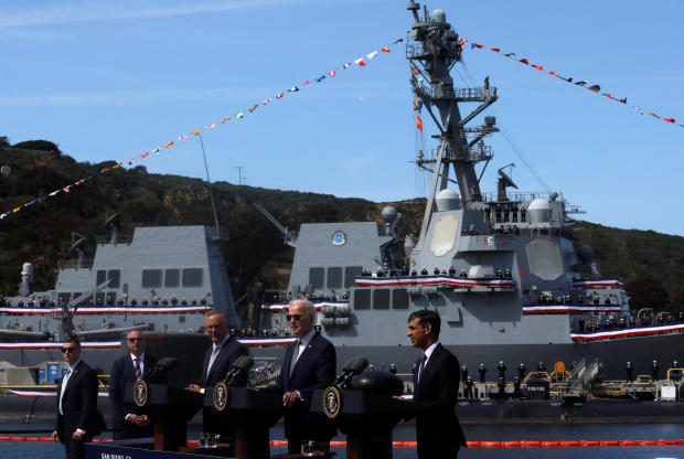 President Biden, Australian Prime Minister Anthony Albanese and British Prime Minister Rishi Sunak deliver remarks after the AUKUS summit at Naval Base Point Loma in San Diego, California, on March 13, 2023. 
