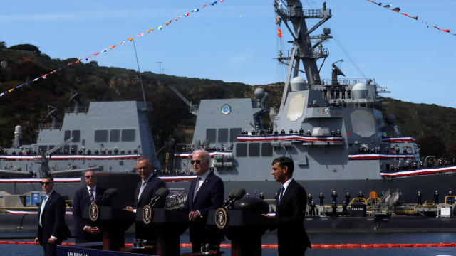 President Biden, Australian Prime Minister Anthony Albanese and British Prime Minister Rishi Sunak deliver remarks after the AUKUS summit at Naval Base Point Loma in San Diego, California, on March 13, 2023. 
