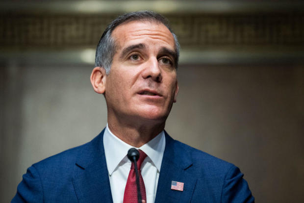 Los Angeles Mayor Eric Garcetti, nominated to be U.S. ambassador to India, testifies during a Senate Foreign Relations Committee confirmation hearing on Tuesday, Dec. 14, 2021. 