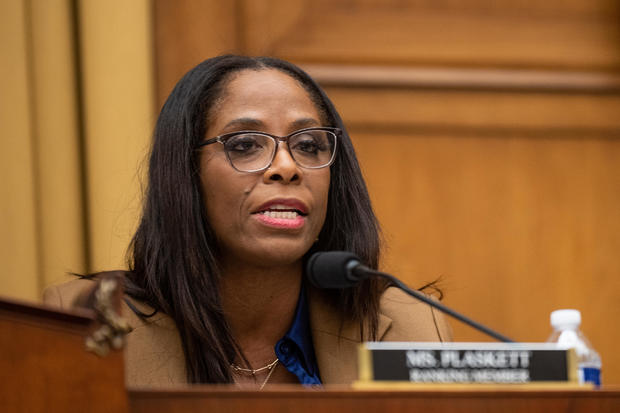 Ranking member Stacey Plaskett, a Democrat from the Virgin Islands, speaks during the Weaponization of the Federal Government Subcommittee hearing on "Weaponization of the Federal Government" in Washington on February 9, 2023. 