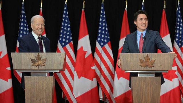 President Biden and Canadian Prime Minister Justin Trudeau hold a joint press conference at the Sir John A. Macdonald Building in Ottawa on March 24, 2023. 