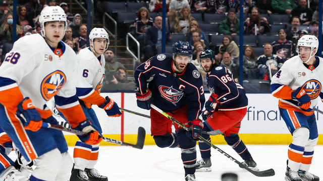 Columbus Blue Jackets center Boone Jenner (38) follows a pass during the third period in a game against the New York Islanders on March 24, 2023, at Nationwide Arena in Columbus, Ohio. 