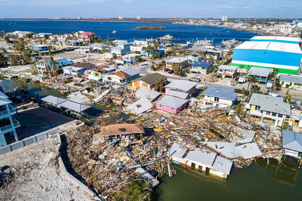An aerial view of damage at Estero Island in Fort Myers Beach, Florida, after Hurricane Ian