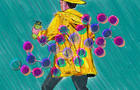 A digital illustration in pencil and copic marker shows the rear view of a person wearing a yellow raincoat and hat. A drawing of the chemical structure of perfluoroalkyl, or PFAS, is overlaid over the person in vivid colors. 