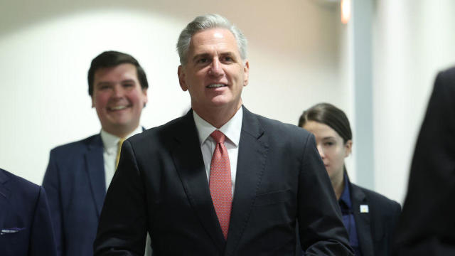 Speaker of the House Kevin McCarthy leaves a House Republican meeting at the Capitol on March 28, 2023, in Washington, D.C. 