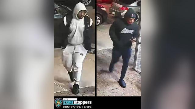 Photos of two suspects wanted in two robberies at a Queens parking garage. 