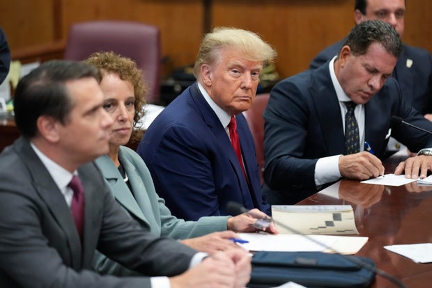 Former President Donald Trump sits at the defense table with his defense team in a Manhattan courtroom on April 4, 2023, in New York City, his first appearance after being charged with 34 crimes.