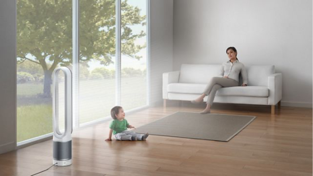 Mom and baby in the living room with a Dyson Pure Cool TP01 Air Purifier 