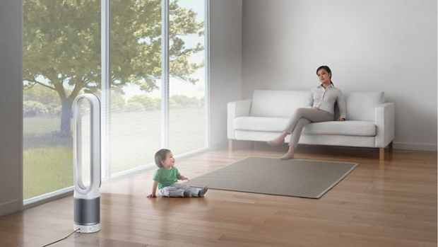 Mom and baby in the living room with a Dyson Pure Cool TP01 Air Purifier