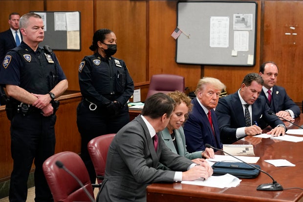 Former President Donald Trump appears in court for his arraignment, Tuesday, April 4, 2023, in New York.