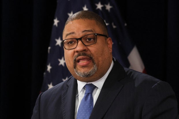 New York County District Attorney Alvin Bragg speaks after former President Donald Trump appeared at Manhattan Criminal Courthouse on April 4, 2023.