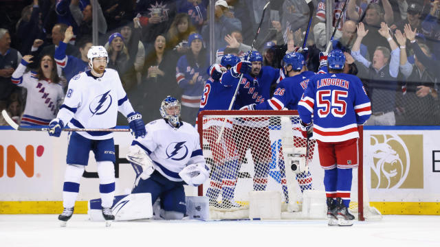 The New York Rangers celebrate a third period goal by Chris Kreider #20 (C) against Andrei Vasilevskiy #88 of the Tampa Bay Lightning at Madison Square Garden on April 05, 2023 in New York City. The Rangers defeated the Lightning 6-3. 