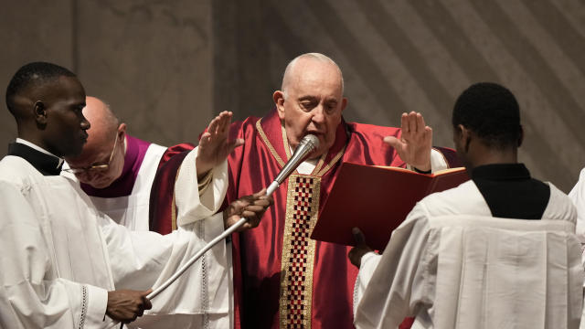 Pope Francis celebrates the Passion Mass on Good Friday inside St. Peter's Basilica on April 7, 2023. 